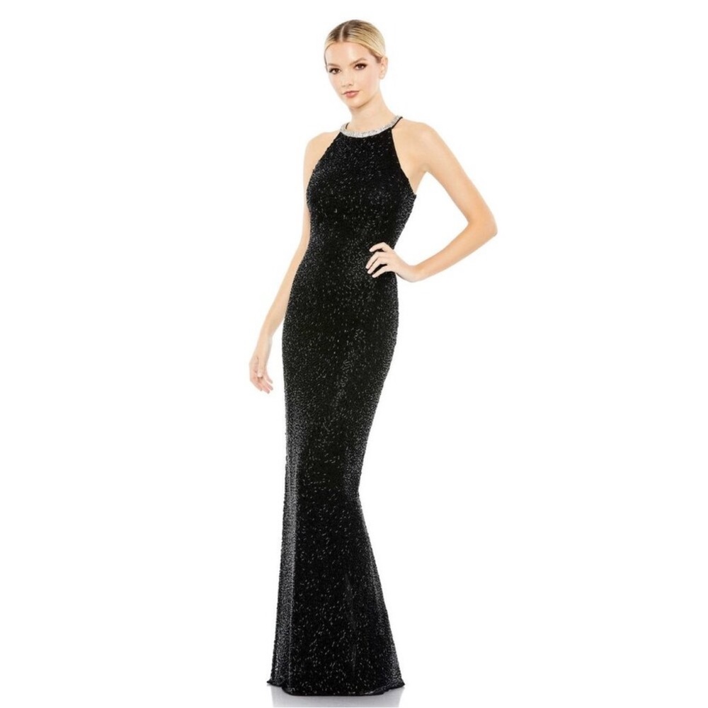 NWT Mac Duggal Beaded Sleeveless High Neck Column Gown Black 6 #8487